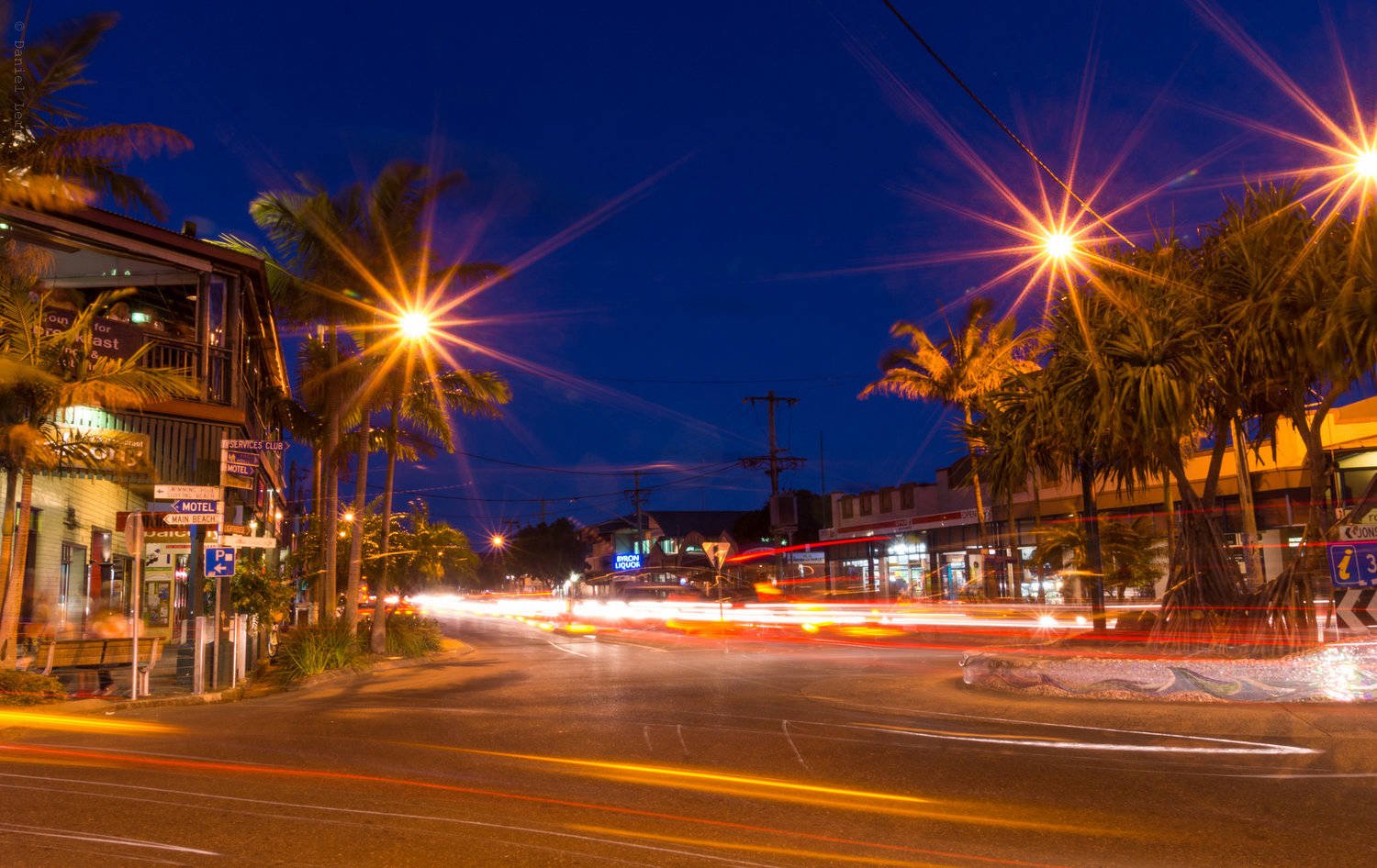 Byron Bay town centre at dusk, where most mystery tours finish